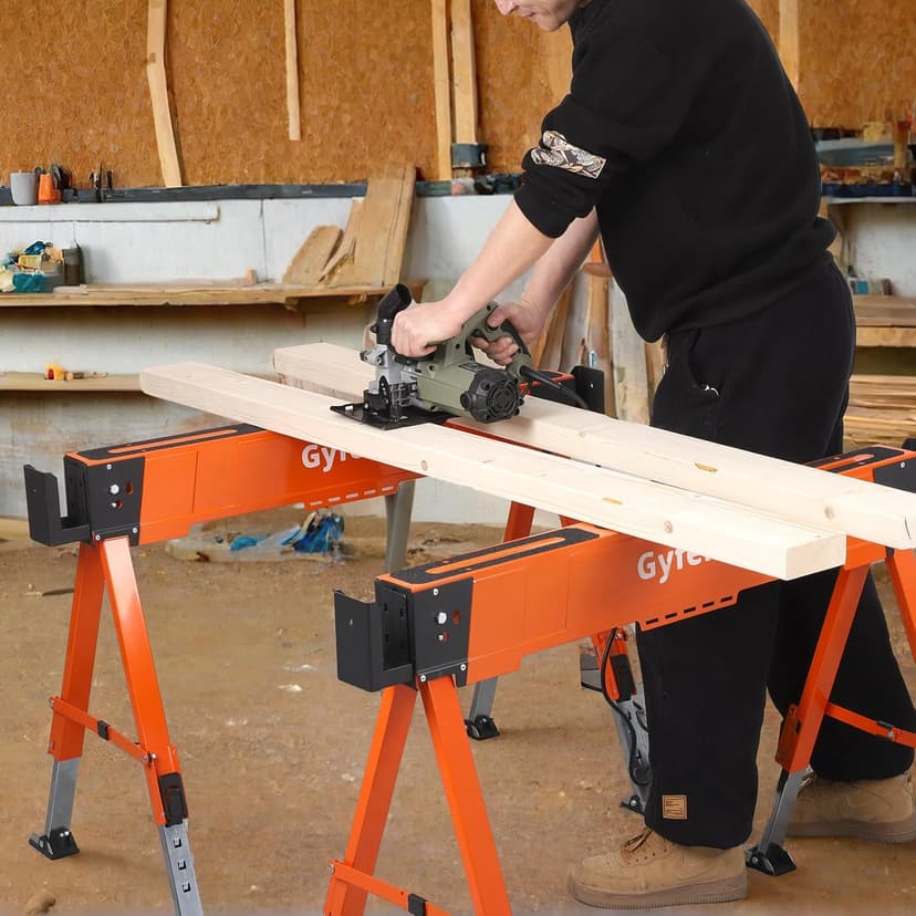 Saw Horses 2 Pack, 4400Lbs Load Capacity Saw Horse Folding Heavy Duty Sawhorses 21-34in Adjustable Height Professional Saw Horse with 2x4 Bracket for Woodworking Carpenters Contractors, Orange