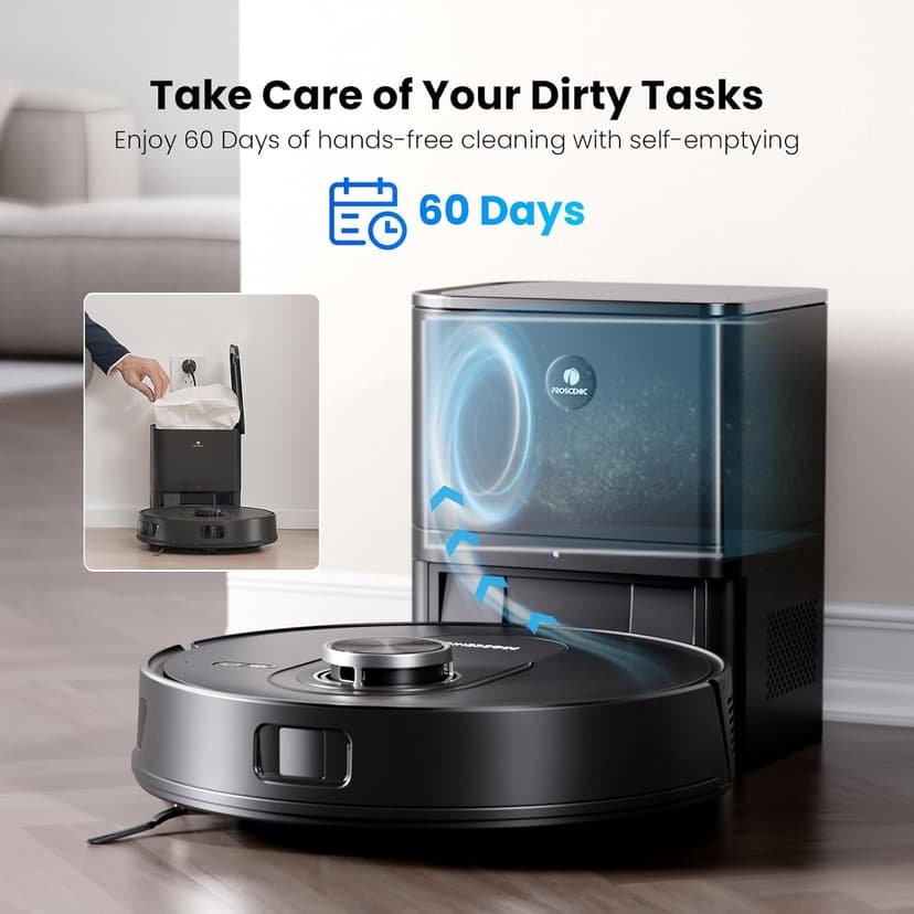 Proscenic Q8 Max Robot Vacuum and Mop with Self Emptying for 60 Days, 5,000 Pa Suction, LiDAR Navigation with Home Mapping, 200 Min Run, Auto Self-Charging, WiFi APP Control for Floor