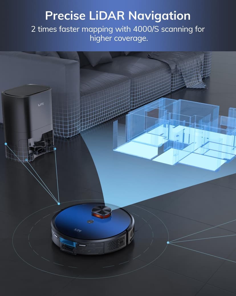 ILIFE Robot Vacuum and Mop Combo, Self Emptying for 60 Days of Cleaning, 3000Pa Suction and Lidar Navigation, Smart Mapping, Wi-Fi/App/Alexa Control, for Pet Hair Carpet Hard Floor, T10s