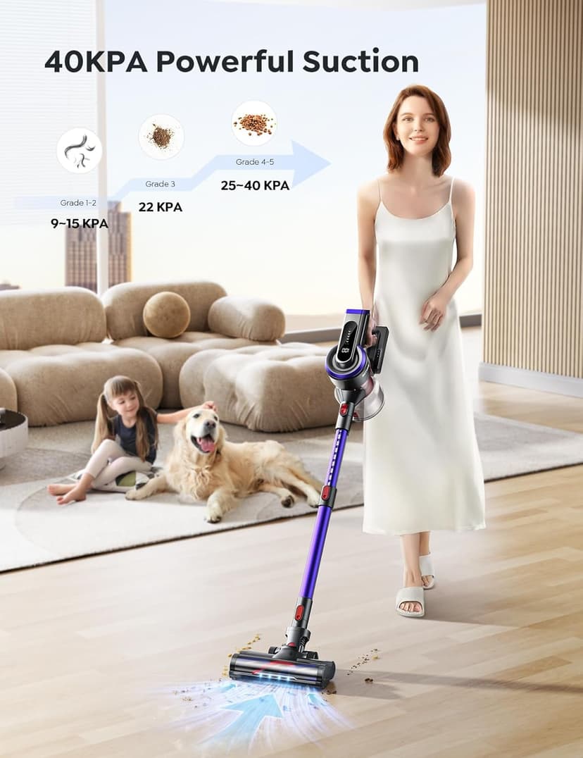 Cordless Vacuum Cleaner, 450W 40Kpa Vacuum Cleaners for Home, Max 55Mins Anti-Tangle Stick Vacuum with Touch Display, Lightweight Handheld Vacuum Cleaner for Hardwood Floor Carpet Pet Hair