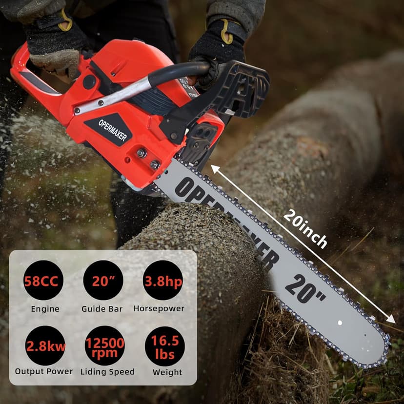 58CC 20 Inch 2-Cycle Gas Powered Chainsaw, 12500r/min 3.8 HP Chainsaw Gas Powered, Low Kickback, Anti-Vibration, Protective Design for Tree Wood Cutting(Red)
