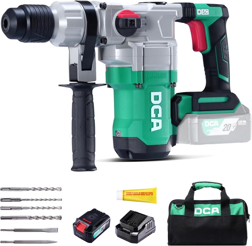 DCA 20V MAX Brushless Rotary Hammer Drill, 4.5 Joule, 3800BPM, 1-1/8 Inch SDS-Plus, Cordless Heavy Duty Rotary Hammer Drill with Vibration Control, 5.0Ah Battery, 4A Fast Charger and Safety Clutch
