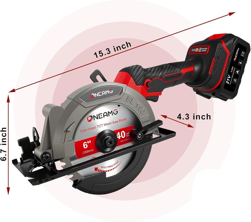 6" Cordless Mini Circular Saw, 21V Compact Wireless Circular Saw, 4.0Ah Battery, 5800RPM, Max Cut 2-1/6" (90°), 1-1/4" (45°),w/40T & 60T Blades,Fast Charger (1Hr),Applicable to Wood,Aluminum & Plastic