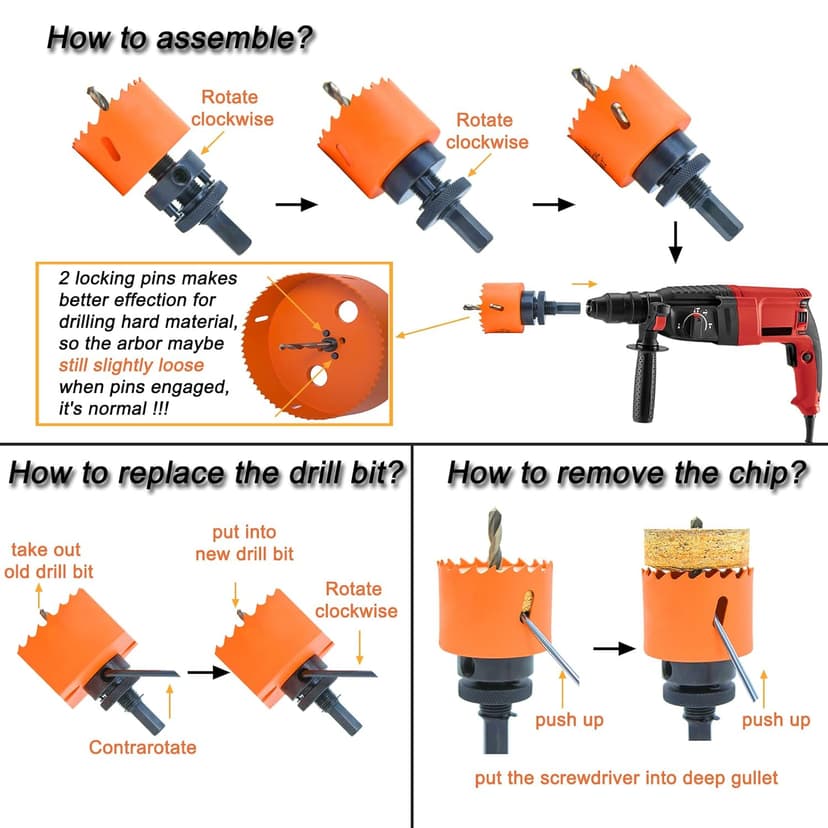 Hole Saw Kit Bi Metal with Case, General Purpose Size from 3/4'' to 2-1/2'', Hole Saw Set for Metal, Wood and Plastic, with Clean and Smooth Cutting Edge, Fast Chip Removal.