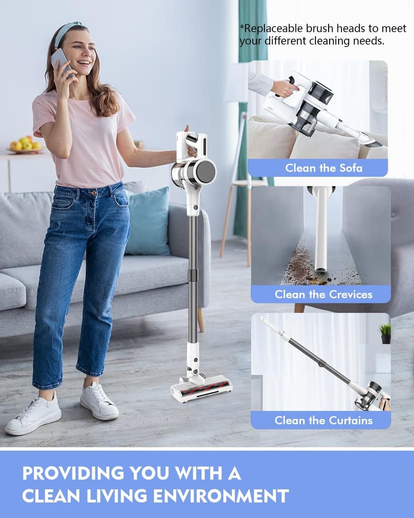 Cordless Vacuum Cleaner, 80,000 RPM Motor and Power Filtration, Stick Vacuum with 2200 mAh Battery, 35 Mins Worktime, 2 Modes, Rotated Multi-Heads, Height-Adjustable Vacuum for Home (Gray Nickel)