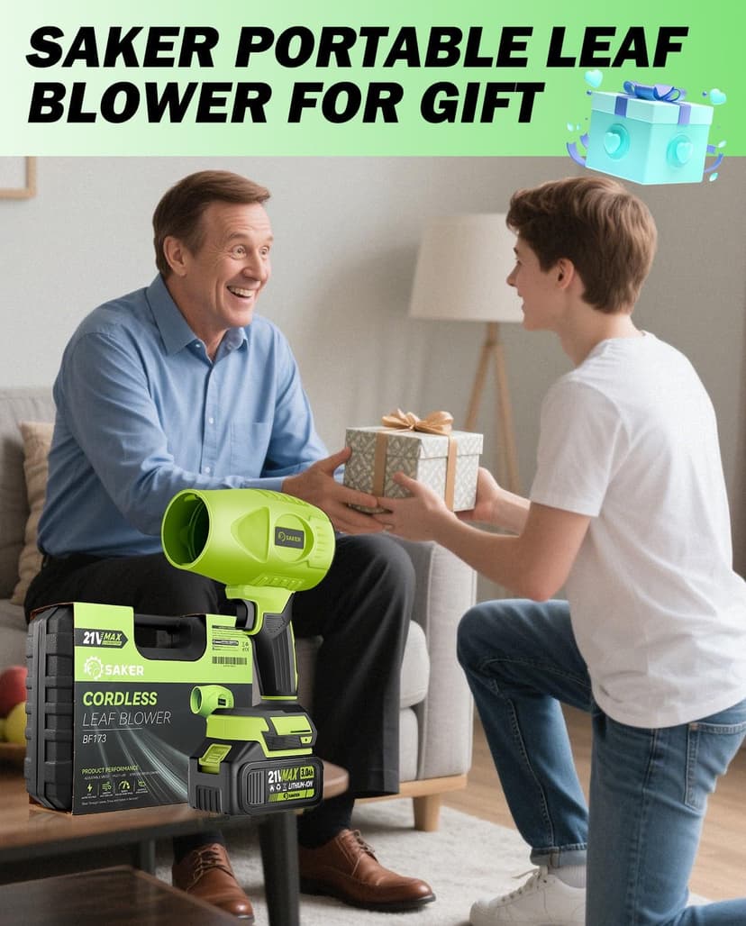 Saker Cordless Leaf Blower Handheld Turbo Jet Blower Portable Dust Cleaner 180000 RPM with Adjustable Speed for Drying Patio Cleaning Camping 2 Batteries Green with Case