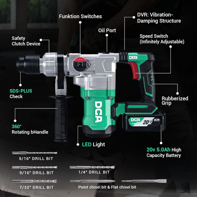 DCA 20V MAX Brushless Rotary Hammer Drill, 4.5 Joule, 3800BPM, 1-1/8 Inch SDS-Plus, Cordless Heavy Duty Rotary Hammer Drill with Vibration Control, 5.0Ah Battery, 4A Fast Charger and Safety Clutch