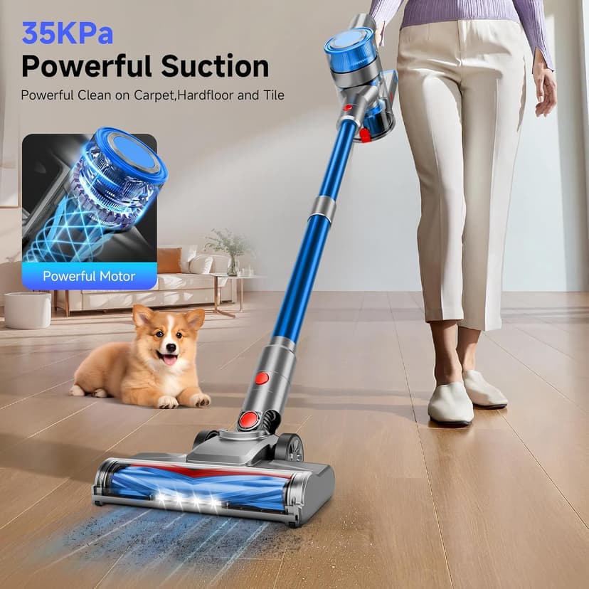 Cordless Vacuum Cleaner for Home, Powerful Stick Vacuum Cleaner with Rechargeable Battery, 6 in 1 Lightweight Handheld Vacuum, 45 Mins Runtime Cordless Vacuum for Hardfloor & Carpets Pet Hair,Blue