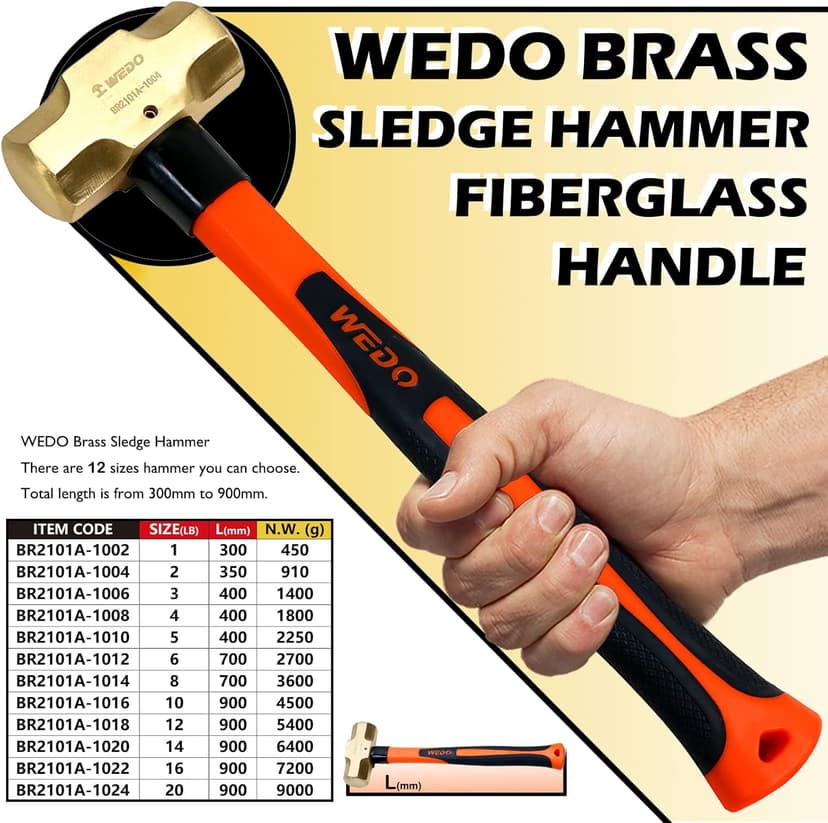 WEDO Brass Sledge Hammer With Fiberglass Handle, Non-Magnetic, Die-Forge, Corrosion Resistant, DIN Standard, 1lb, 300mm, 12"