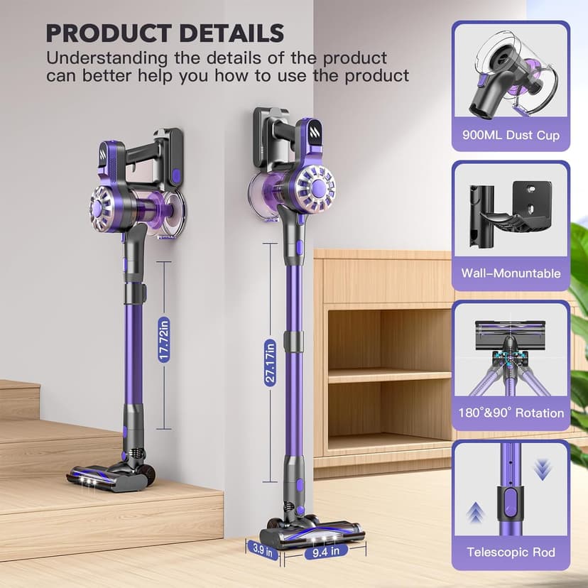 Vacuum Cleaners for Home,Cordless Vacuum Cleaner with Powerful Suction,Stick Vacuum Cleaner Rechargeable,Up to 35 Mins,Lightweight Vacuum for Pet Hair,Carpet,Floor(Purple)