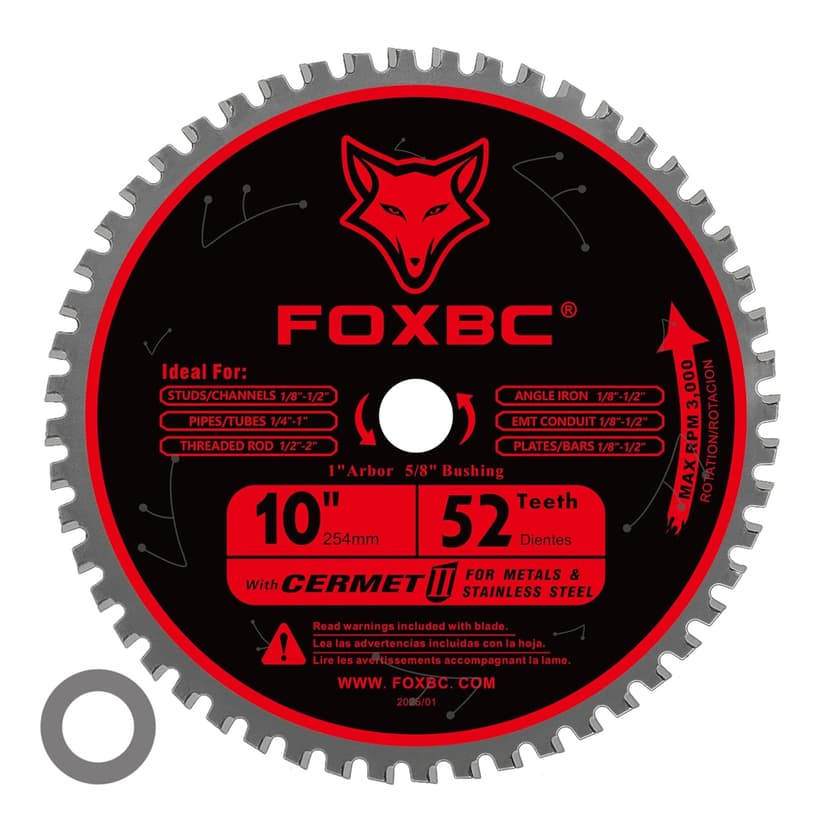 FOXBC 10 Inch Metal Steel Cutting Saw Blade 52 Teeth, 1" Arbor with 5/8" Bushing, Cermet Carbide Up to 5X Longer Life