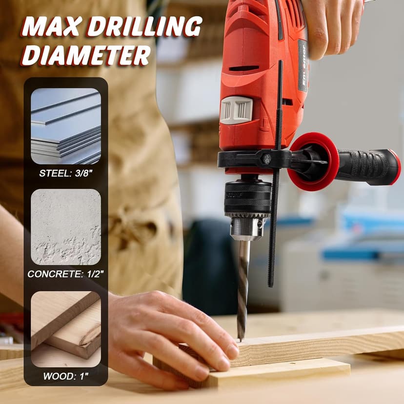 Enventor 7.5 Amp Hammer Drill, 1/2 Inch Electric Drill Hammer, 900W 0-3000RPM Variable Speed, 360° Auxiliary Handle, Lightweight Corded Hammer & Drill 2 in 1 Functions with 9pcs Bit for Metal, Wood