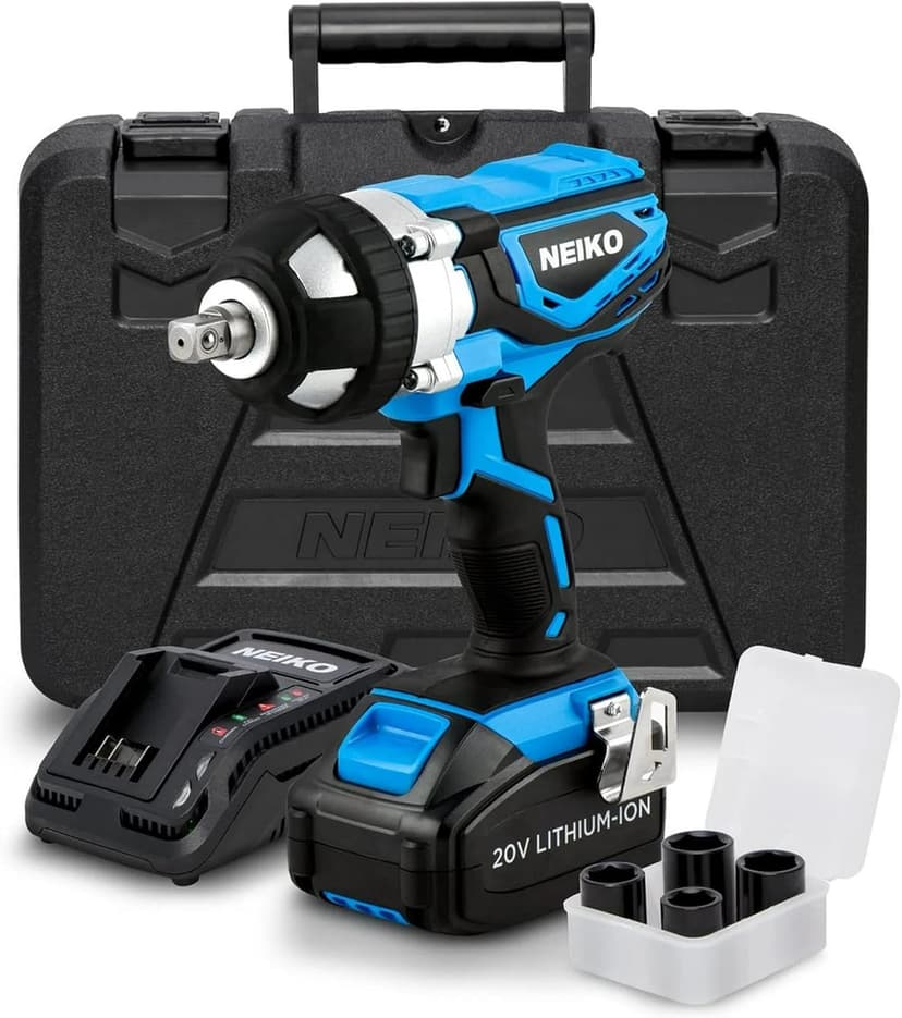 Neiko 10878A 1/2-Inch-Drive High-Torque Cordless Electric Impact-Wrench Kit with 20-Volt Lithium-Ion Charging Battery and 4 1/2-Inch-Drive Sockets