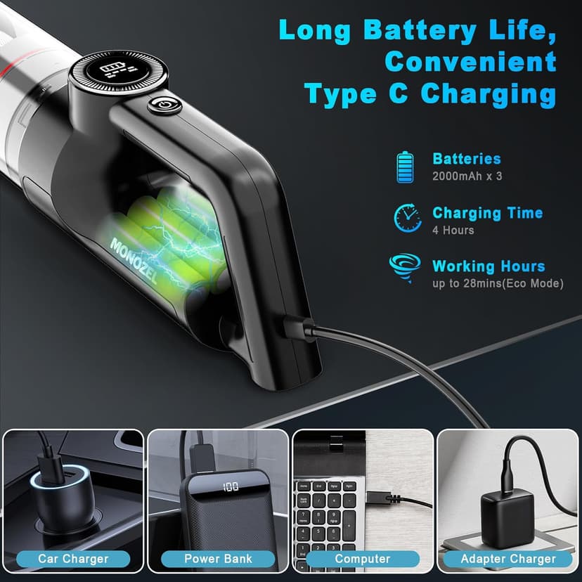 Handheld Vacuum Cordless - Car Vacuum Cleaner with Brushless Motor, 15000Pa Strong Suction with LED Light, Type C Cable and Charger, 2 Fliters, Portable Hand Vacuum for Home, Pet and Car
