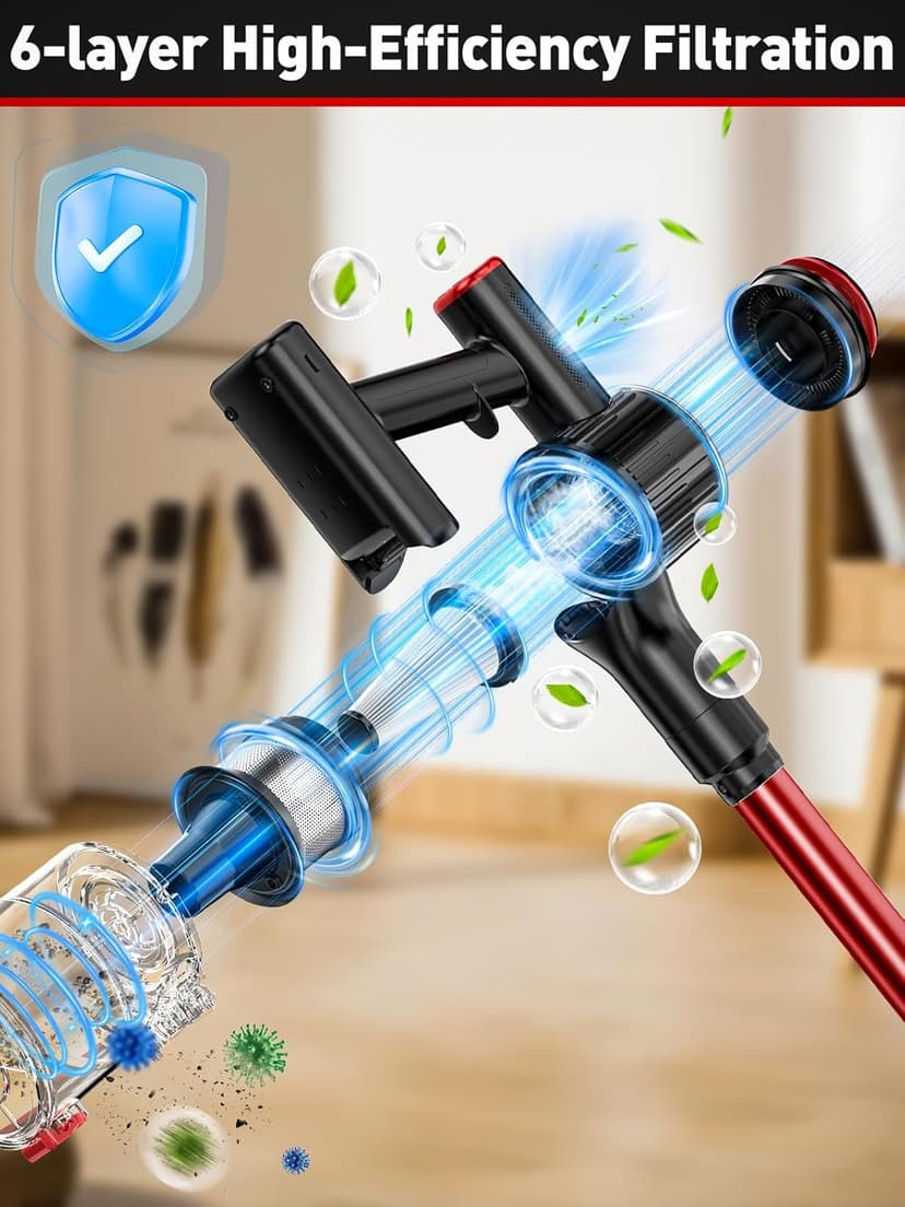 Cordless Vacuum Cleaner, 8-in-1 Vacuum Cleaners for Home, 45Mins Runtime, Anti-Tangle Stick Vacuum with LED Display, Rechargeable Lightweight Vacuum for Pet Hair/Carpet/Floor (Red)