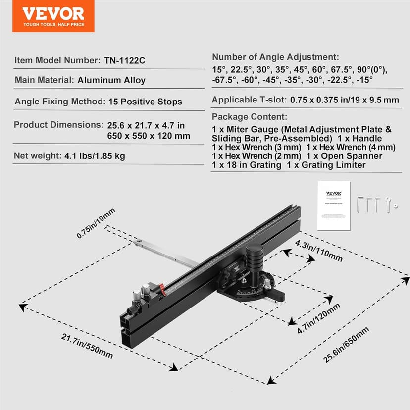 VEVOR Precision Miter Gauge, Standard Slot 3/4'' x 3/8'', Aluminum Alloy Table Saw Miter Gauge with 24 in Grating 15 Angle Stops Adjustable Spring Loaded Plunger and Removable Disc, for Woodworking