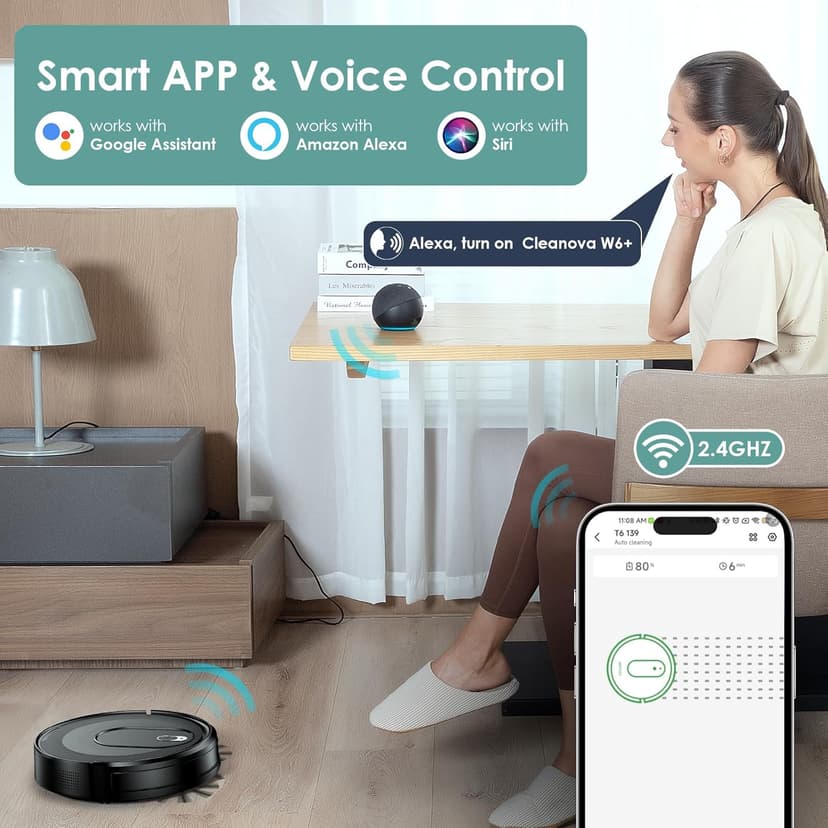 W6+ Robot Vacuum Cleaner,2800Pa Suction,720ml Large Capacity,120 Mins Runtime,Self-Charging Slim Robotic Vacuums,APP/Voice/Remote Control,No Entanglement Suction Port Ideal for Pet (Black)