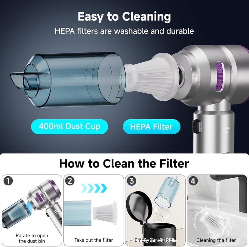 Handheld Vacuum Cordless, Car Vacuum Cleaner with Brushless Motor, Strong Suction Vacuum & Compressed Air Dusters with LED Light, Type C Port, Wireless Mini Portable Hand Vacuum Blower for Home, Pet