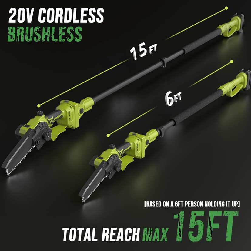 2-IN-1 Cordless Pole Saw & Mini Chainsaw, 21V 4.0Ah Battery Powered 6 Inch Electric Pole Chainsaw, 15Ft MAX Reach Pole Saw for Tree Trimming(2 * 4Ah Batteries and Fast Charger Included)