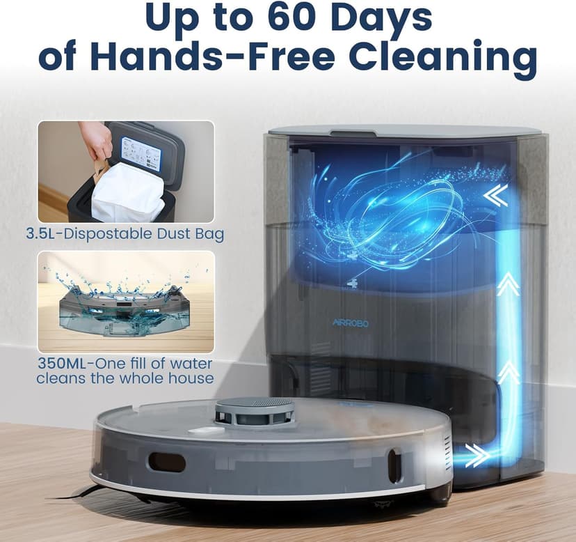 AIRROBO T25+ Robot Vacuum and Mop Combo, 5500Pa Suction, Pet Area Smart Boost, Carpet Detection, Tangle-Free Brush, LDS Mapping, APP Control, 3.5L Self-Empty Bin for Hard Floors, Carpets, Pet Hair