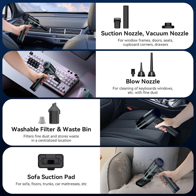 Car Vacuum Portable Cordless, Mini Handheld Vacuum Cleaner for Pet Hair/Car/Home, Suction & Blow 2 in 1, 22KPa High Power, 6000mAh, Small Lightweight Gadget, Type-C Rechargeable