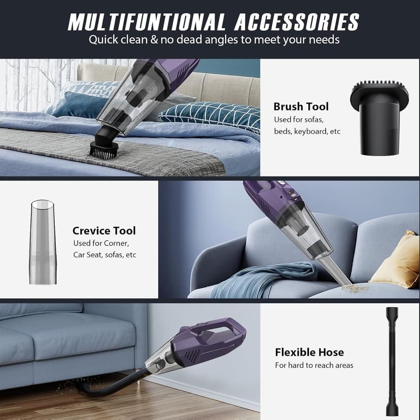 Handheld Vacuum Cordless - Car Vacuum Portable & Small Vacuum Cleaner with 6KPa Suction, USB Vacuum Cordless Rechargeable, HEPA Filter, LED Light for Pet Hair, Home, Car, Office - Includes Accessories