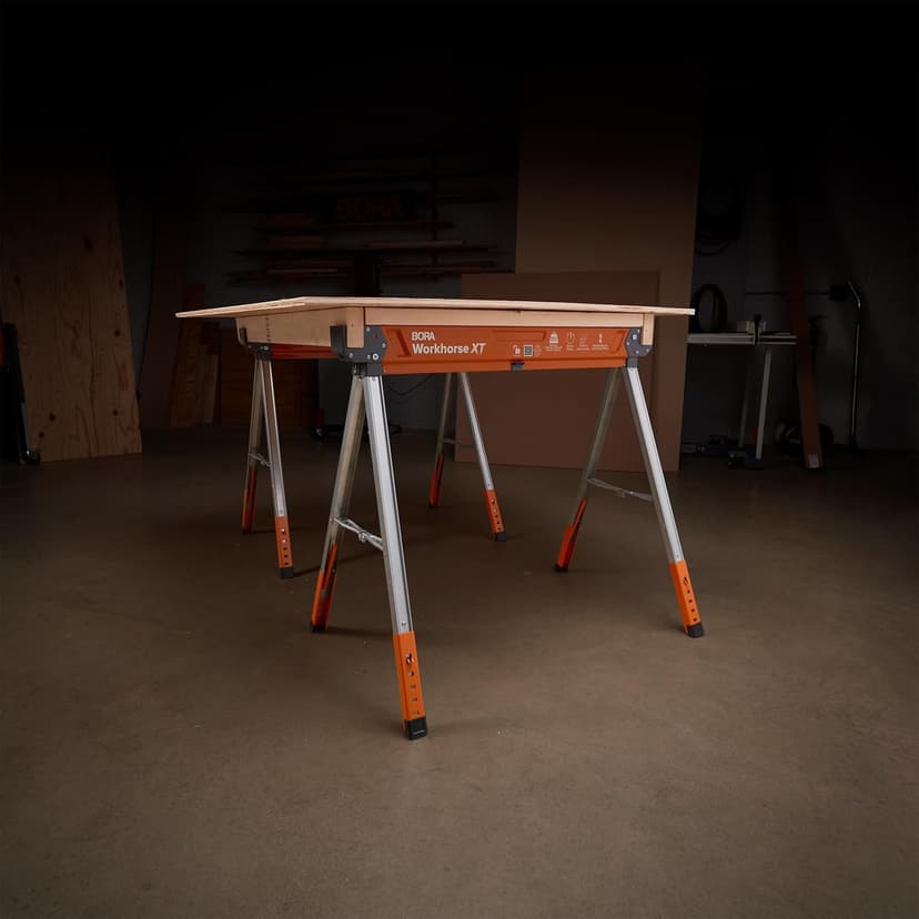 BORA Workhorse XT Saw Horses 2 Pack Folding Heavy Duty Adjustable Height Sawhorse Pair with Adjustable Legs, Heavy Duty Saw horse for Contractors Portable Workbench w/Built in Bottle opener PM-3360T