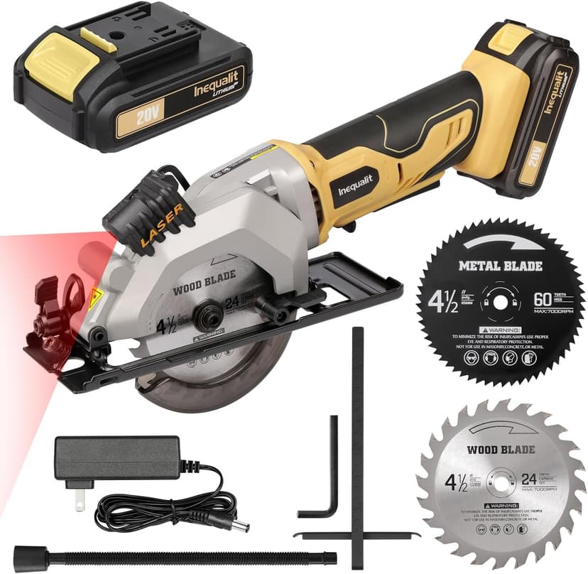 4-1/2 Inch Mini Circular Saw, 3400 RPM Cordless Circular Saw with Laser Guide, Rip Guides, 2 Blades (24T Wood + 60T Metal), Max Cutting Depth 1-11/16" (90°), 1-1/8" (45°)"