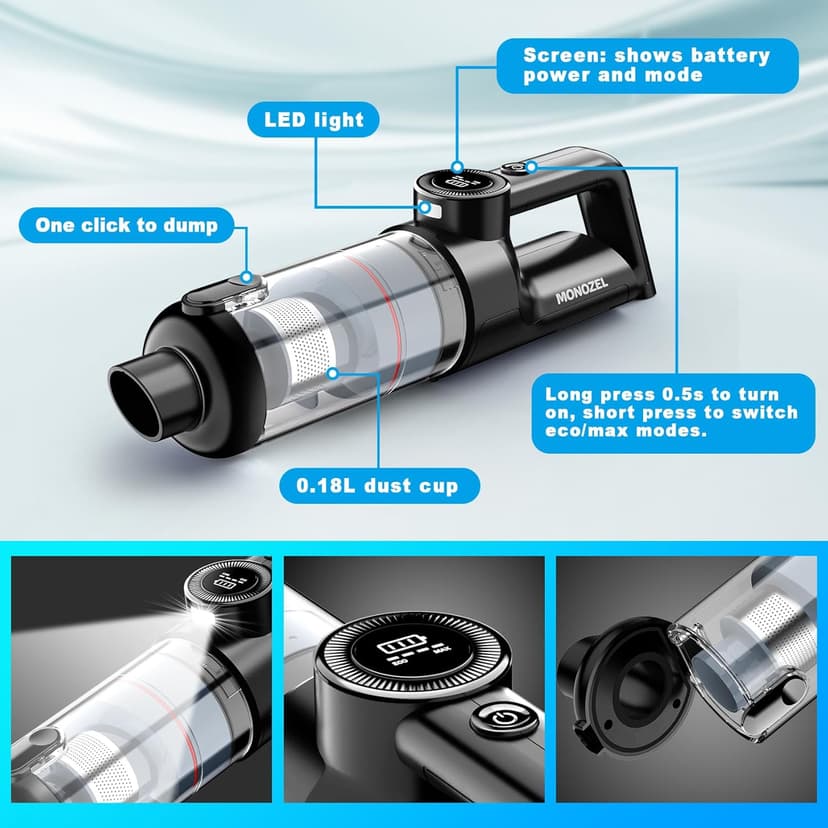 Handheld Vacuum Cordless - Car Vacuum Cleaner with Brushless Motor, 15000Pa Strong Suction with LED Light, Type C Cable and Charger, 2 Fliters, Portable Hand Vacuum for Home, Pet and Car