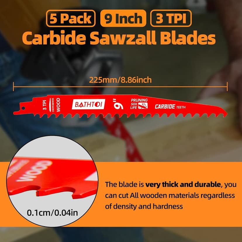 5 Pack 9 Inch 3 Tpi Carbide Reciprocating Saw Blades for Wood Cutting and Tree Trimming, Pruning Sawzall Blades with Carbide Tipped Teeth for Longer Life and Faster Cutting Speed