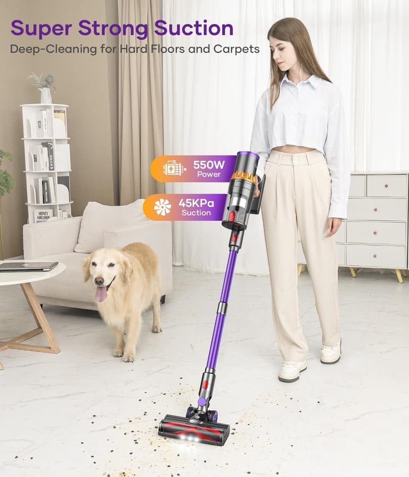 Cordless Vacuum Cleaner, 550W/45Kpa Stick Vacuum with Smart Display, MAX 65Mins Runtime Vacuum Cleaners for Home, Auto Mode & Anti-Tangle Lightweight Vacuum for Pet Hair/Carpet/Floor