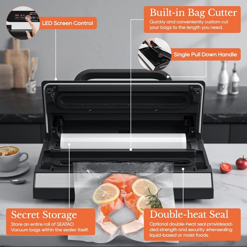 Upgraded Vacuum Sealer for Liquid, SEATAO 90Kpa Vacuum Sealer Machine for Dry/Moist/Liquid Food, Easy-Lock Handle, Double Heat Seal, Built-in Cutter and Bag Storage & Removable Drip Tray