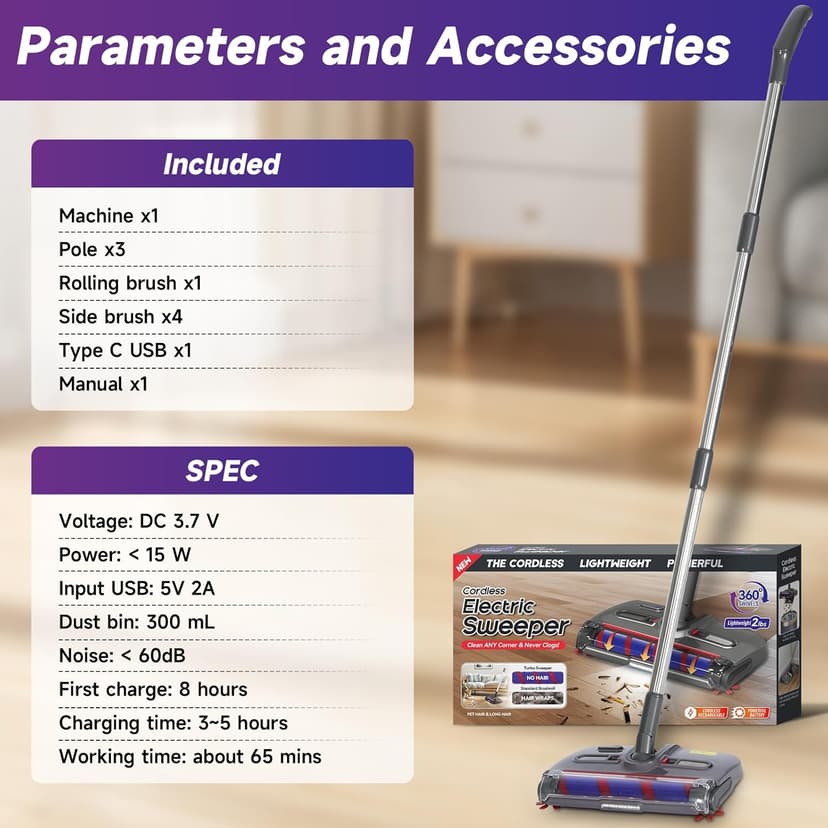 Cordless Sweeper, Cordless Electric Sweeper Rechargeable Cordless Sweeper, 360 Direction, Hard Floor Sweeper Roller Sweeper for Home Crumbs,Kitchen, pet Hair,and Floor Cleaning