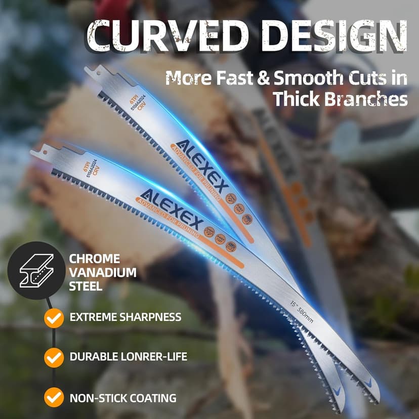 Japanese Teeth Sawzall Blades for Tree Trimming, 15 Inch Curved Edge Pruning Reciprocating Saw Blades 6TPI, Wood Cutting, Cr-V Sabre Saw Blades Better Wear Resistance 6 Pack
