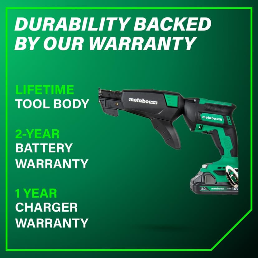 Metabo HPT 18V MultiVolt Cordless Drywall Screw Gun Kit, High-Speed Power Screwdriver with Collated Screw Magazine, 2.0Ah Lithium-Ion Battery and Charger, Lightweight Ergonomic Design, W18DAQB