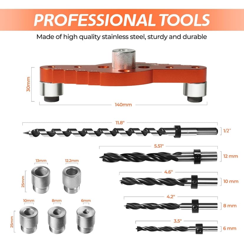 Dowel Jig Kit for Floating Shelf Bracket(& 1/2" x 11.8" Drill Bit),Self-Centering Scriber(& 6mm,8mm,10mm,12mm Drill Bits),Drill Guide for Hidden Shelf Brackets & Mantels,Centering Hole Drill