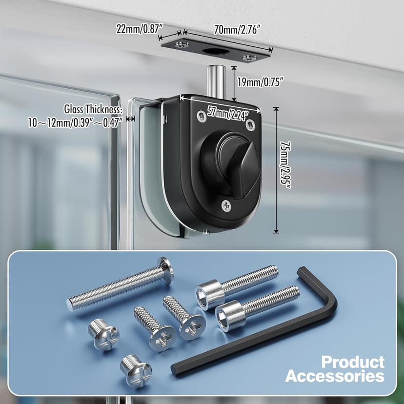 Ranbo Frameless Glass Door Floor Lock, Clamp-On No-Drill, 304 Stainless Steel, Fits 3/8"–1/2" (10–12 mm) Swing/Sliding Doors — Ideal for Office, Entrance, Storefront,Top or Bottom Mount, Matte Black