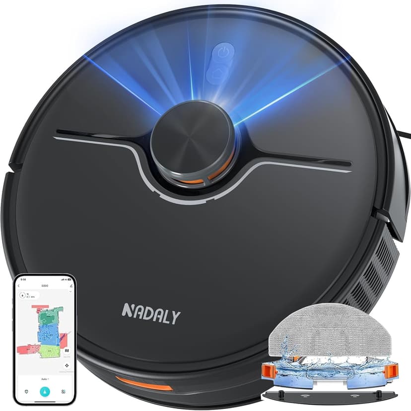 NADALY D200 Robot Vacuum and Mop Combo, Lidar Navigation Robot Vacuum Cleaner, 6000Pa Suction, 200Mins Runtime, Wi-Fi/App/Alexa Control, Self-Recharging Robotic Vacuum for Carpet Pet Hair Hard Floor