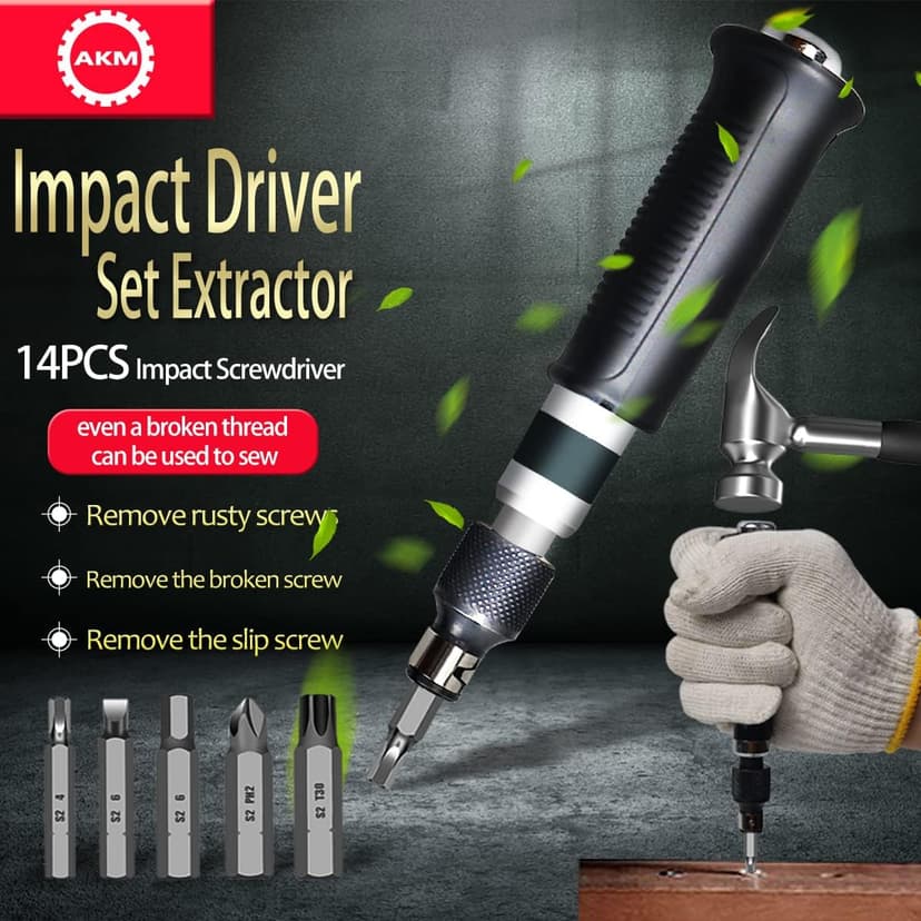 AKM Hand Manual Reversible Impact Driver Set Extractor Impact Screwdriver S2 Steel Much More Durable Disengage Rusted Fasteners or Frozen Bolts (1/4" Driver)