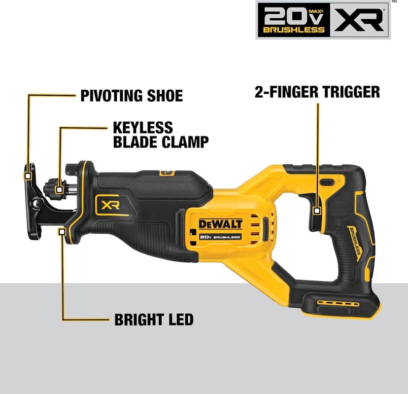 DEWALT 20V MAX* Reciprocating Saw, Cordless, 2-Finger Variable Trigger, Keyless Blade Clamp, Tool Only (DCS382B)
