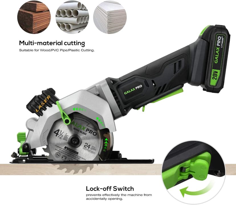 GALAX PRO Mini Circular Saw, DC20V 4-1/2" Cordless Circular Saw with 2.0Ah battery, Laser Guide, Rip Guide, 2 Pcs Blades(24T+ 60T), 3400RPM, Max Cutting Depth 1-11/16"(90°), 1-1/8"(45°)