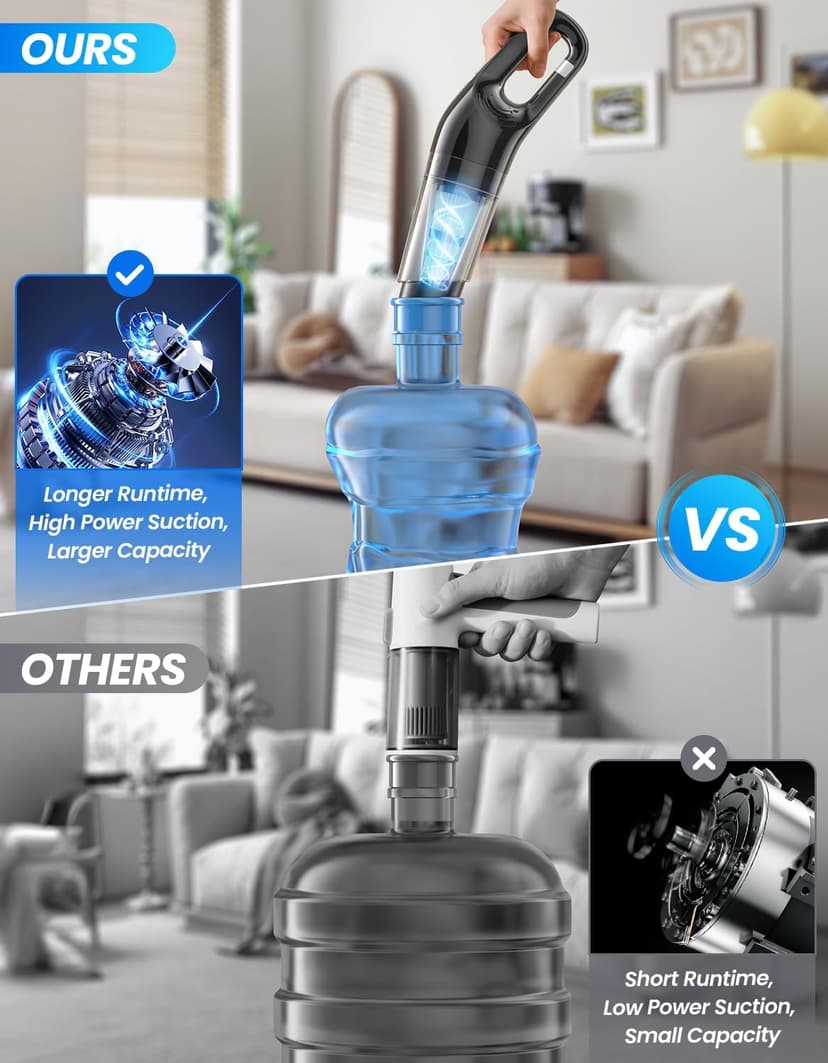 Cordless Vacuum Handheld, Car Vacuum Cleaner Portable for Pet Hair Small Household Vacuums with Powerful 10000pa Strong Suction Rechargeable for Car Home Couch Floor Cleaning Black