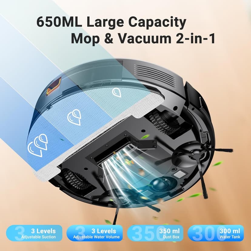 Robot Vacuum and Mop Combo 5000Pa 650mL 2 in 1 Mopping Robot Vacuum Cleaner Schedule WiFi/Alexa/App Smart Self-Charging Robotic Vacuum Ultra-Slim Quiet Tangle-Free Ideal for Hard Floor Pet Hair Carpet