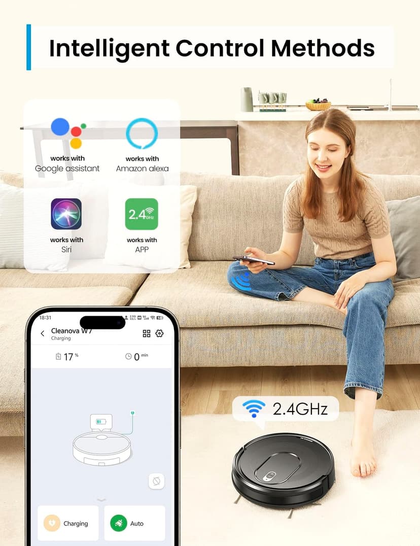 W7 Robot Vacuum and Mop Combo, 2 in 1 Mopping Robotic Vacuum Cleaner with Watertank and Dustbin, Self-Charging, Slim, Max 120mins Runtime for Hard Floor, Carpet Cleaning