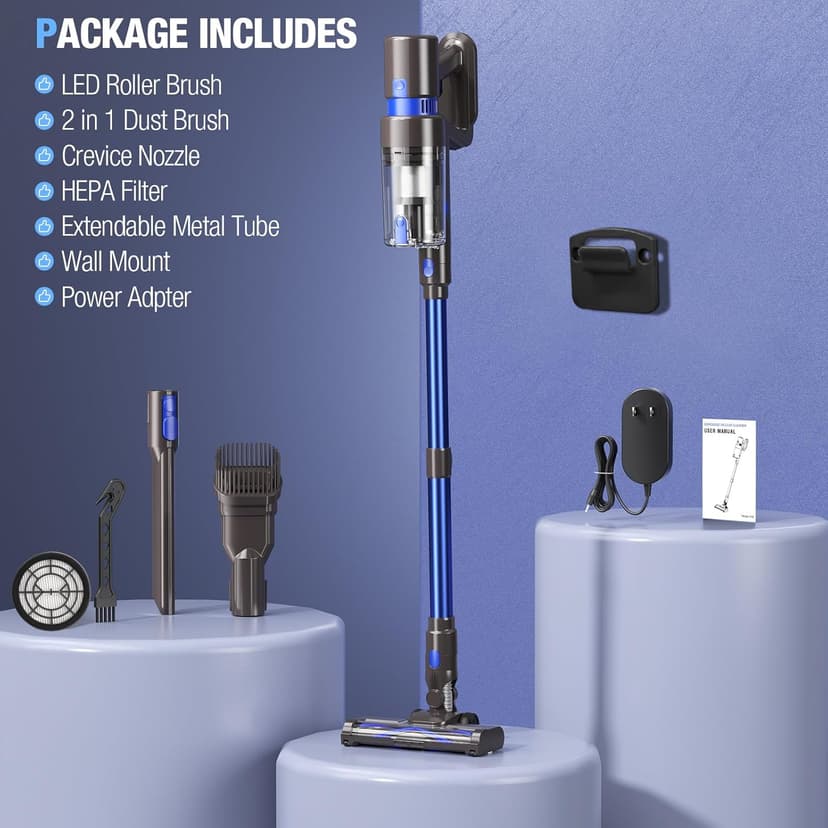Cordless Vacuum Cleaner, 550W 45KPA 45Min Vacuum Cleaners for Home, Self-Standing Stick Vacuum with Touch Screen, 3 Power Modes, Rechargeable Battery, Handheld Vacuum for Pet Hair/Carpet/Floor
