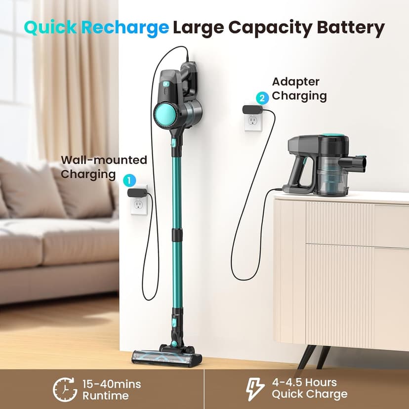 N3T Cordless Vacuum Cleaner,Wireless Stick Vacuum with 40mins Runine,Self-Standing,Anti-Tangle Brush,Rechargeable Lightweight Vacuum Cleaner for Home,Hardwood Floor,Pet Hair, Carpet-Green