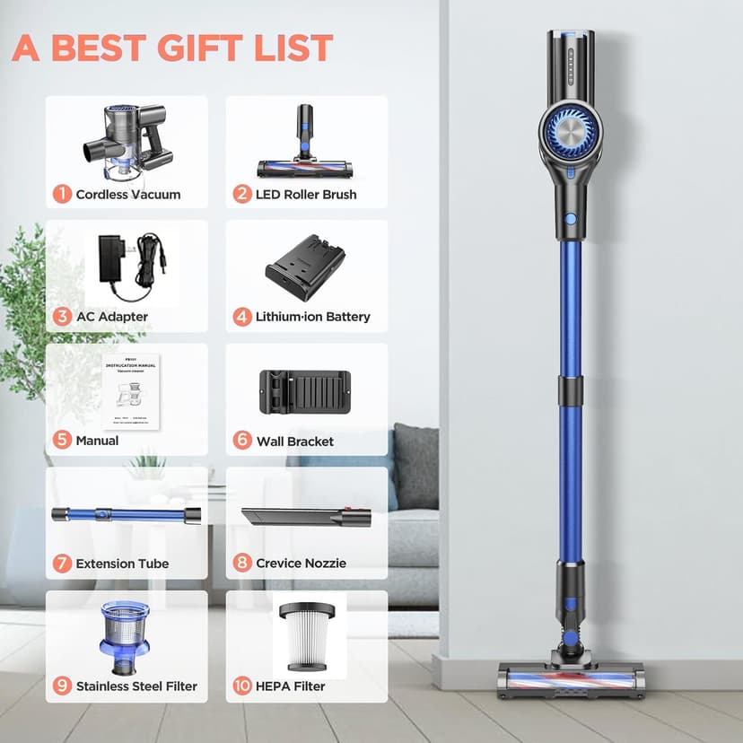 Cordless Vacuum Cleaner, Vacuum Cleaner for Home with 80000 RPM High-Speed Brushless Motor, Up to 40 Mins Runtime, 2 Adjustable Suction, Anti-Tangle, Lightweight Stick Vacuum for Hard Floor