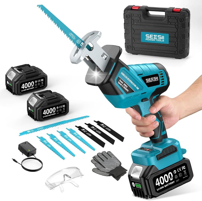 SEESII Reciprocating Saw Cordless, Variable Speed 3500 RPM Brushless Motor with 8 Saw Blades, 2 x 4.0Ah Batteries, LED Light, Tool‑Free Blade Change, Portable for Wood PVC Cutting