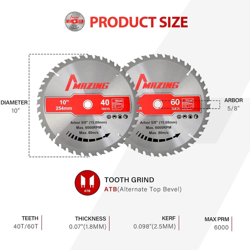 MAZING 3-Piece 7-1/4 Inch 24T&40T&60T Circular Saw Blades, 7.25 Inch TCT Compact Saws Blades with 5/8" Arbor, ATB Design for Precision Woodworking, Fit for Plywood, Soft & Hardwood, Wood with Nails