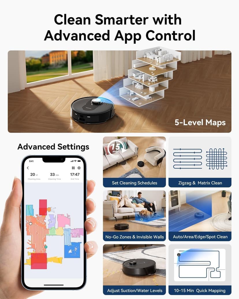 Proscenic Q8 Max Robot Vacuum and Mop with Self Emptying for 60 Days, 5,000 Pa Suction, LiDAR Navigation with Home Mapping, 200 Min Run, Auto Self-Charging, WiFi APP Control for Floor